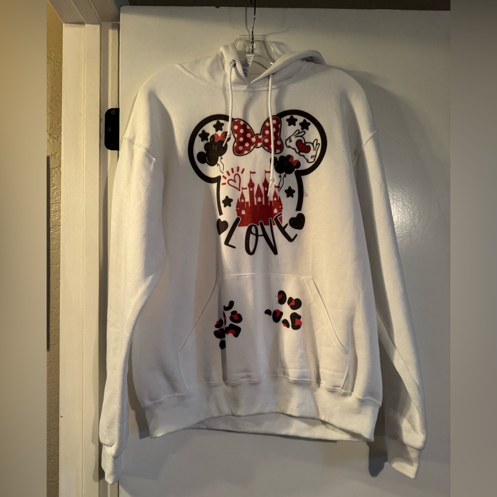 NWOT Jerzees White Hoodie with Red and Black Disney Graphic Design